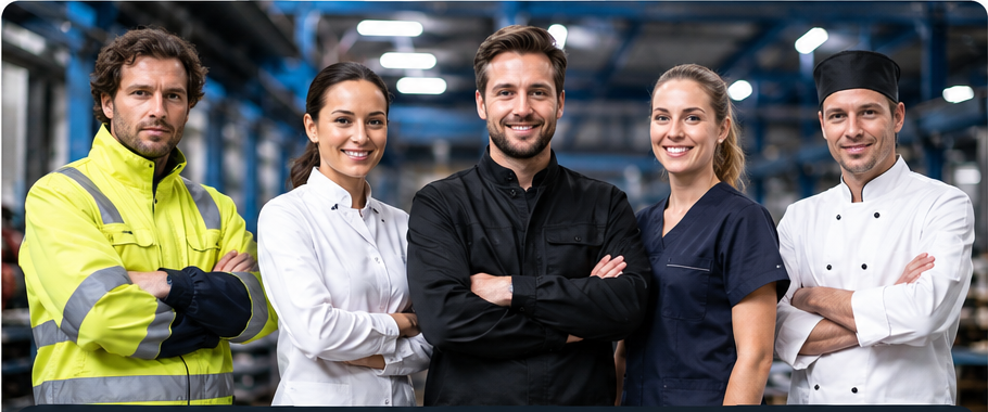 Team in professioneller Arbeits- und Berufsbekleidung